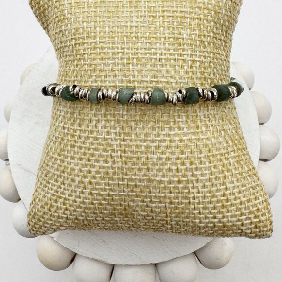 Vintage 950 Silver Nephrite Jade Stone Bead Bohemian Dainty Bracelet 5.7g 7” - Picture 2 of 12